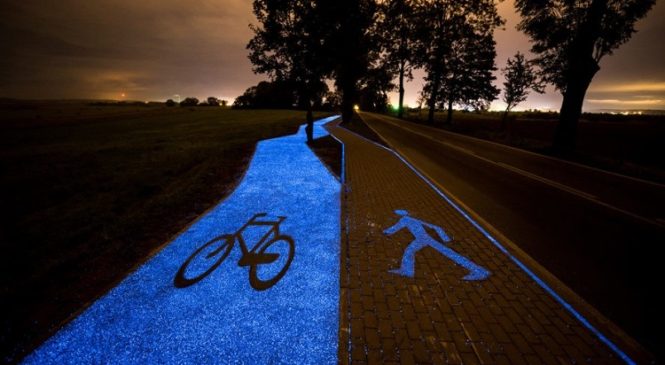 Vivid Blue Bicycle Lane That Is Recharged By The Sun